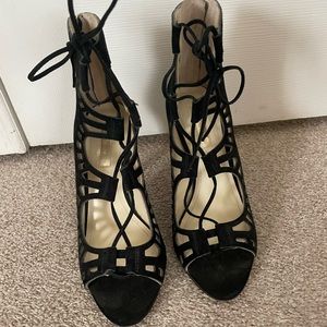 Black velvet BCBGMaxAzria lace up heels